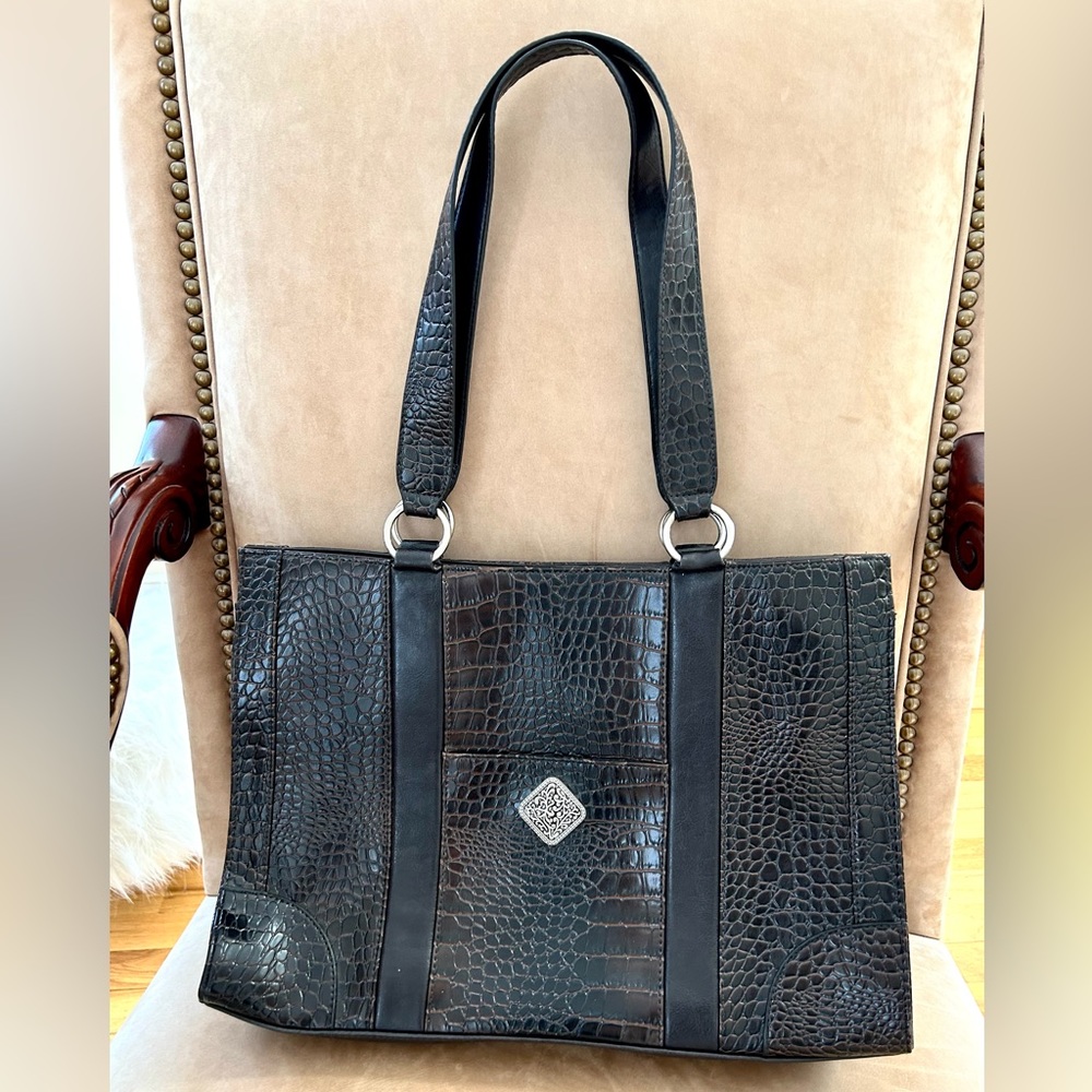 Coldwater Creek Faux Leather Croc Tote Bag in Very Dark Brown